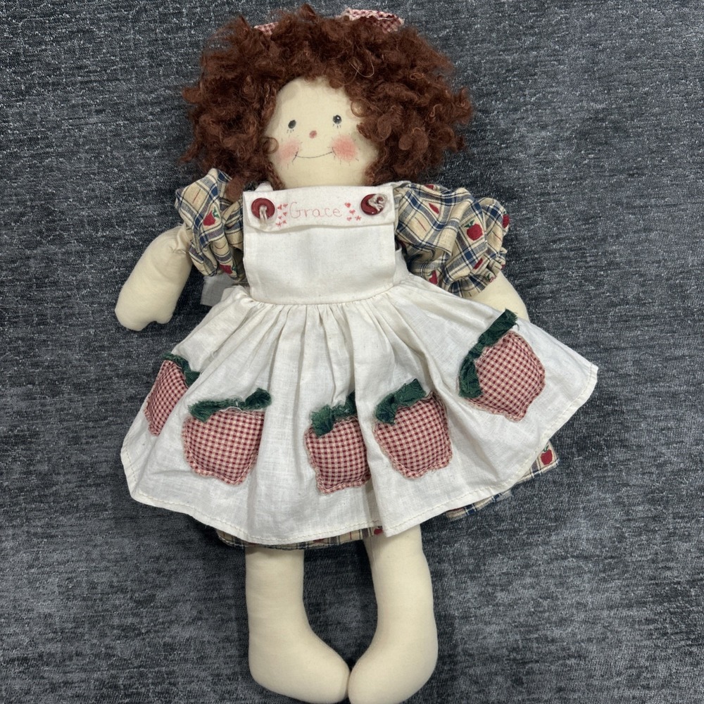 Vintage Cloth Rag Doll Handmade Redhead Grace Apples Apron 15"